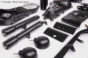Harley Davidson Teileveredelung mit einer Pulverbeschichtung in schwarz seidenmatt.